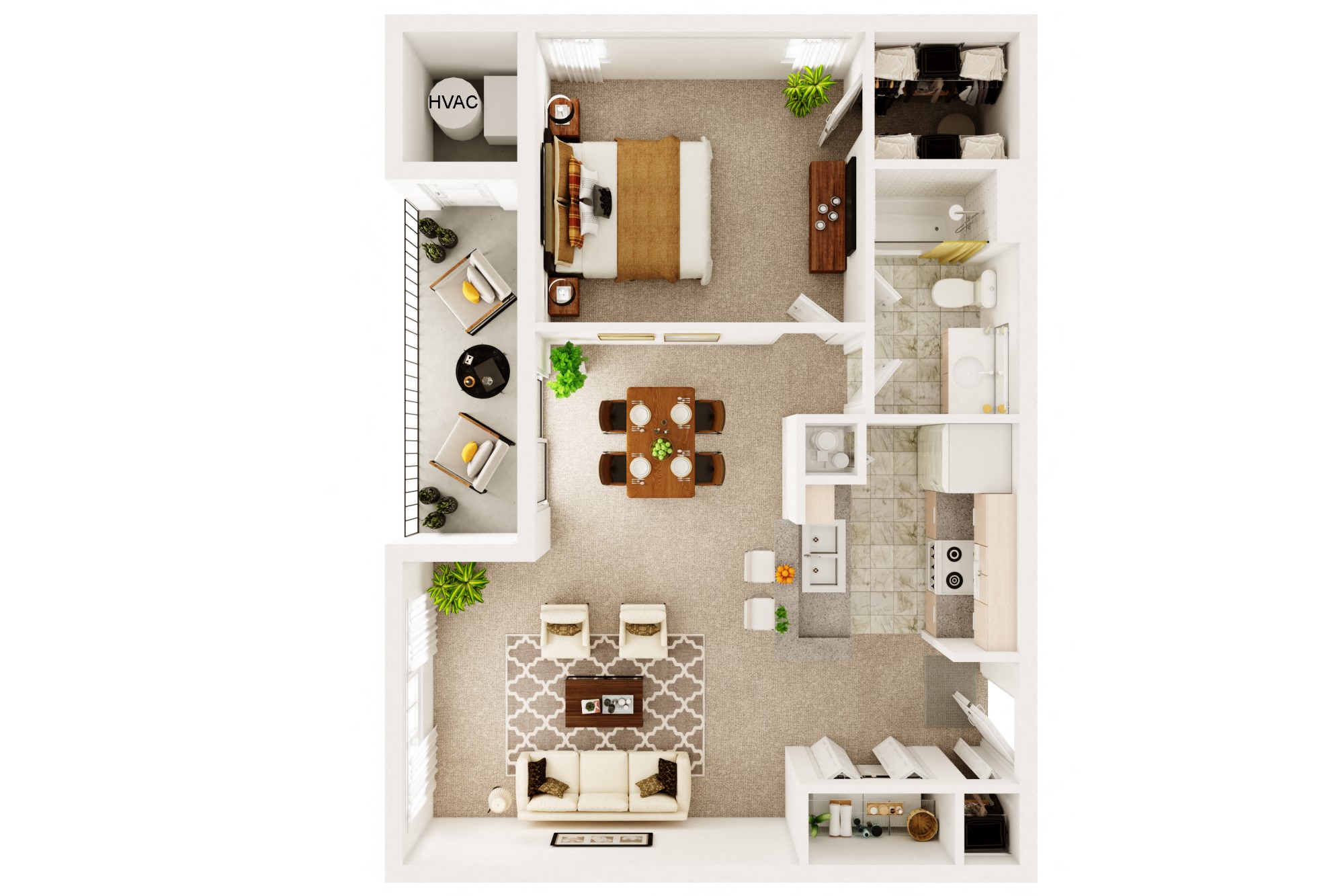 Floor plan for 1 bed, 1 bath, 750 sqft